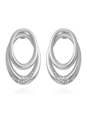 Silver Tone Crystal Oval Double Hoop Earrings