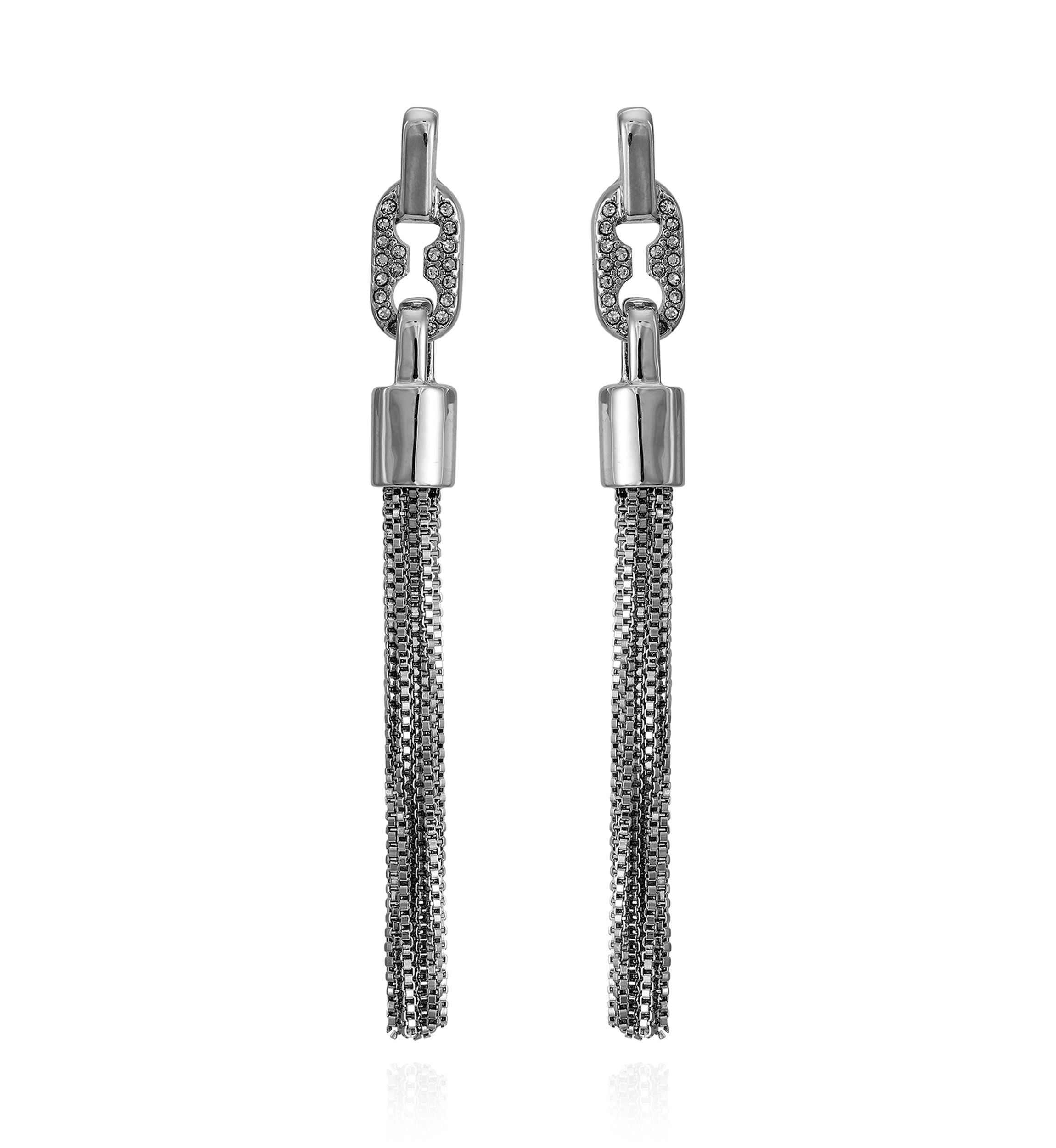 Silver Tone and Crystal Tassel Earrings