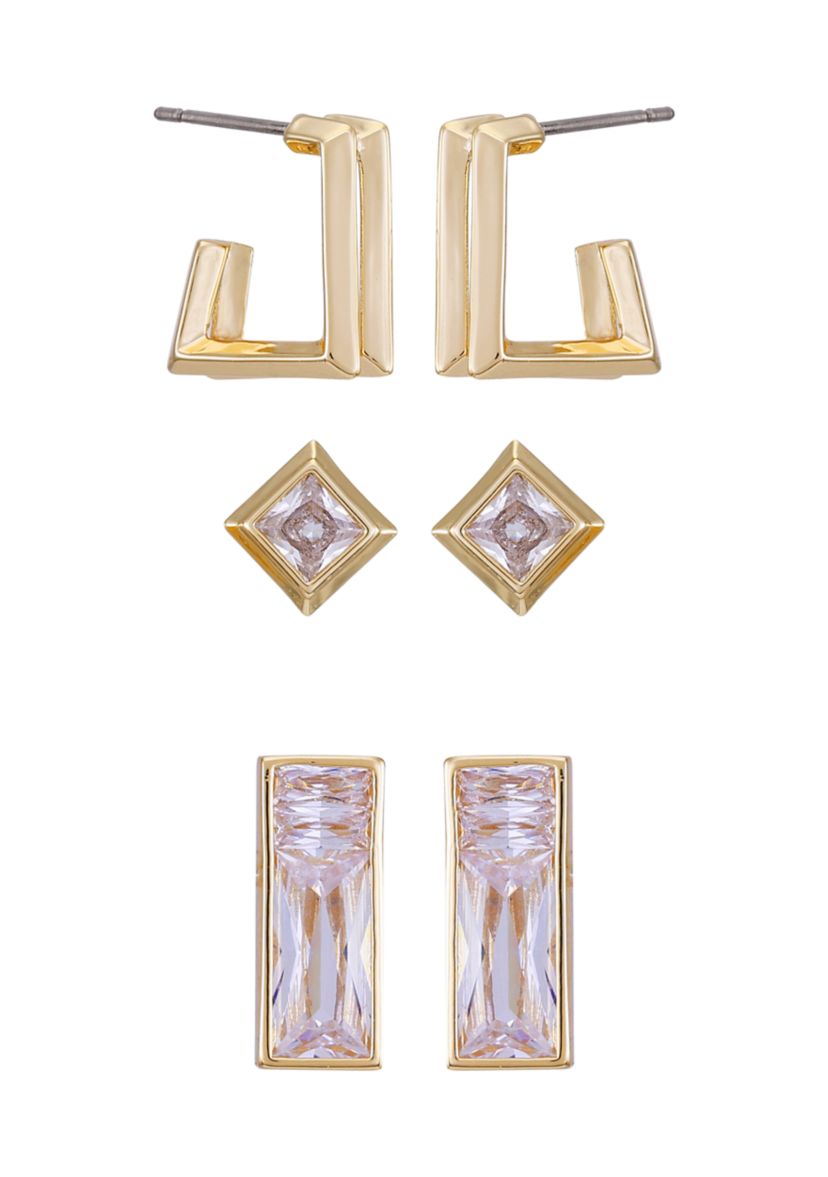 14K Gold & Crystal Trio Earring Set