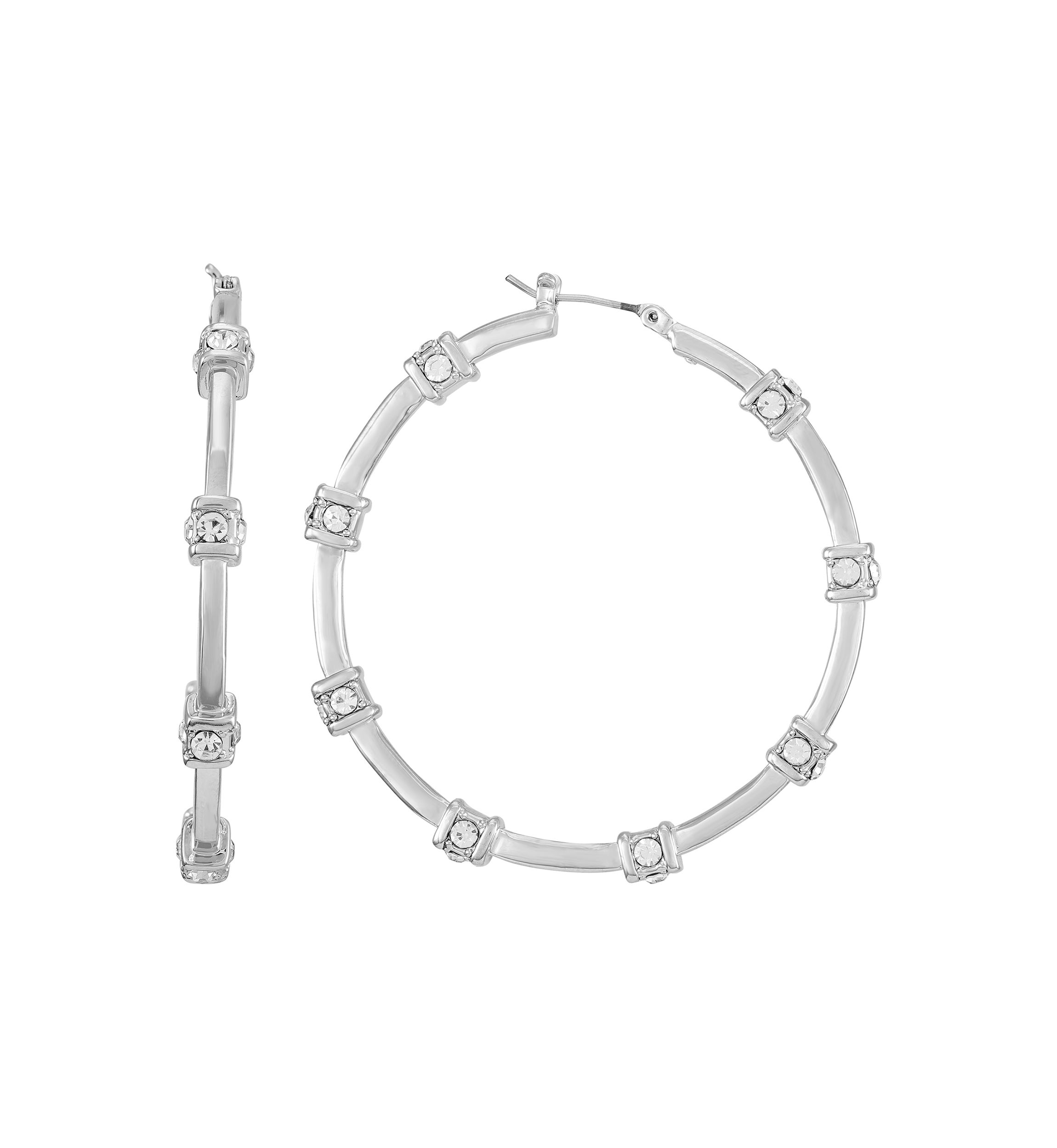 Silver Tone Pavé Station Hoop Earrings