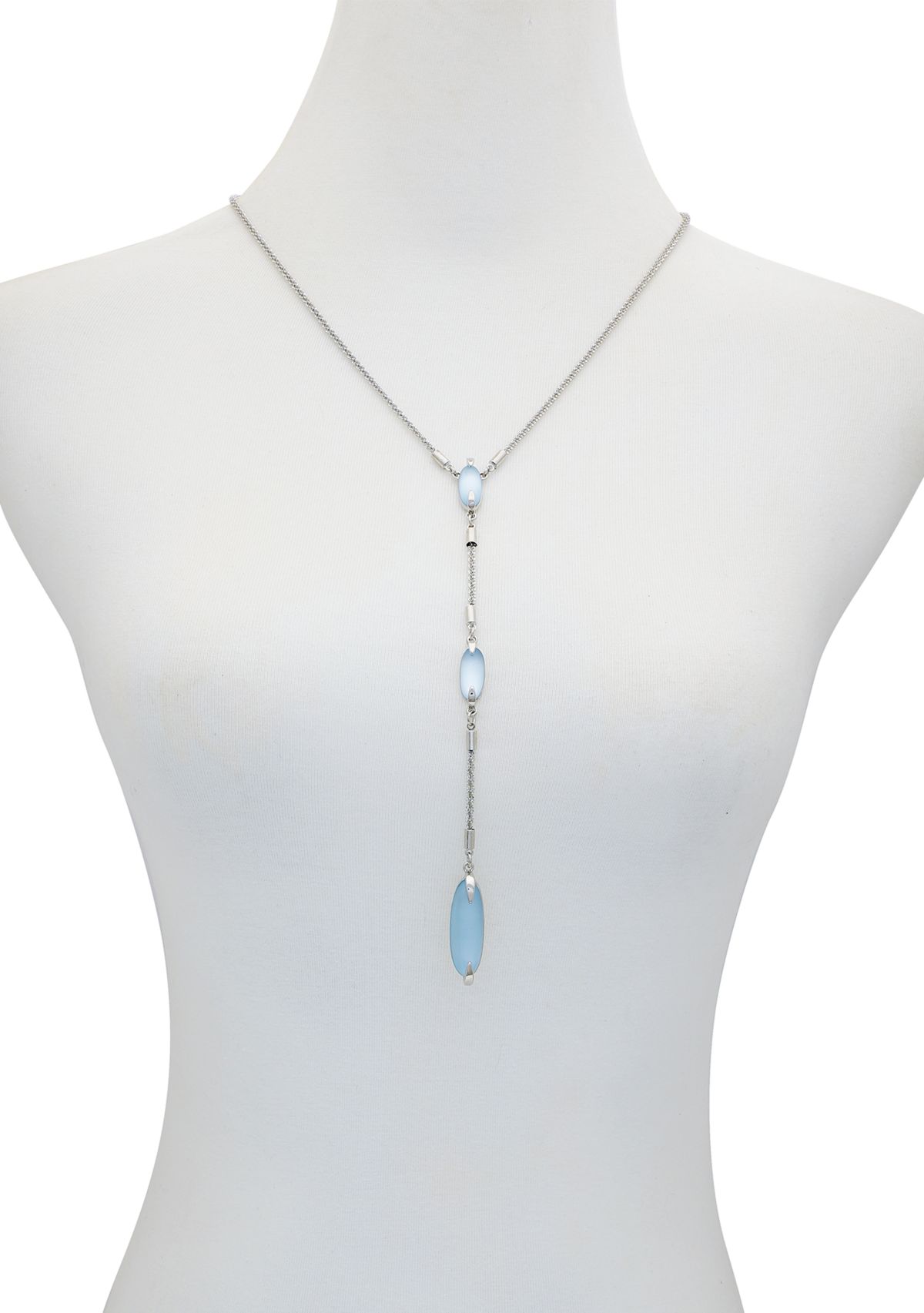 Silver Tone Light Blue Glass Stone Sparkle Chain Necklace