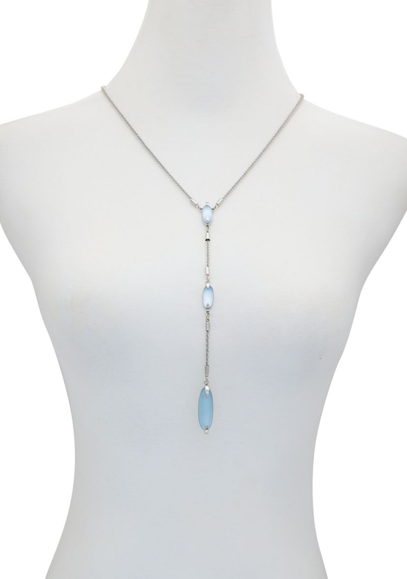 Silver Tone Light Blue Glass Stone Sparkle Chain Necklace