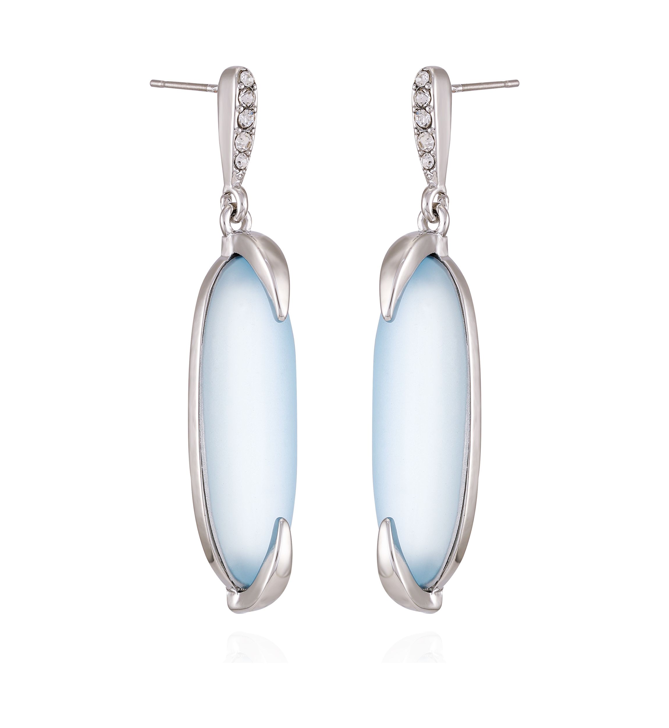 Silver Tone Light Blue Glass Stone Drop Linear Earrings