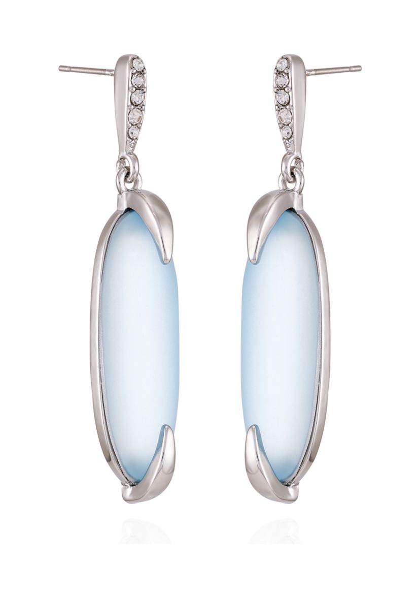 Silver Tone Light Blue Glass Stone Drop Linear Earrings