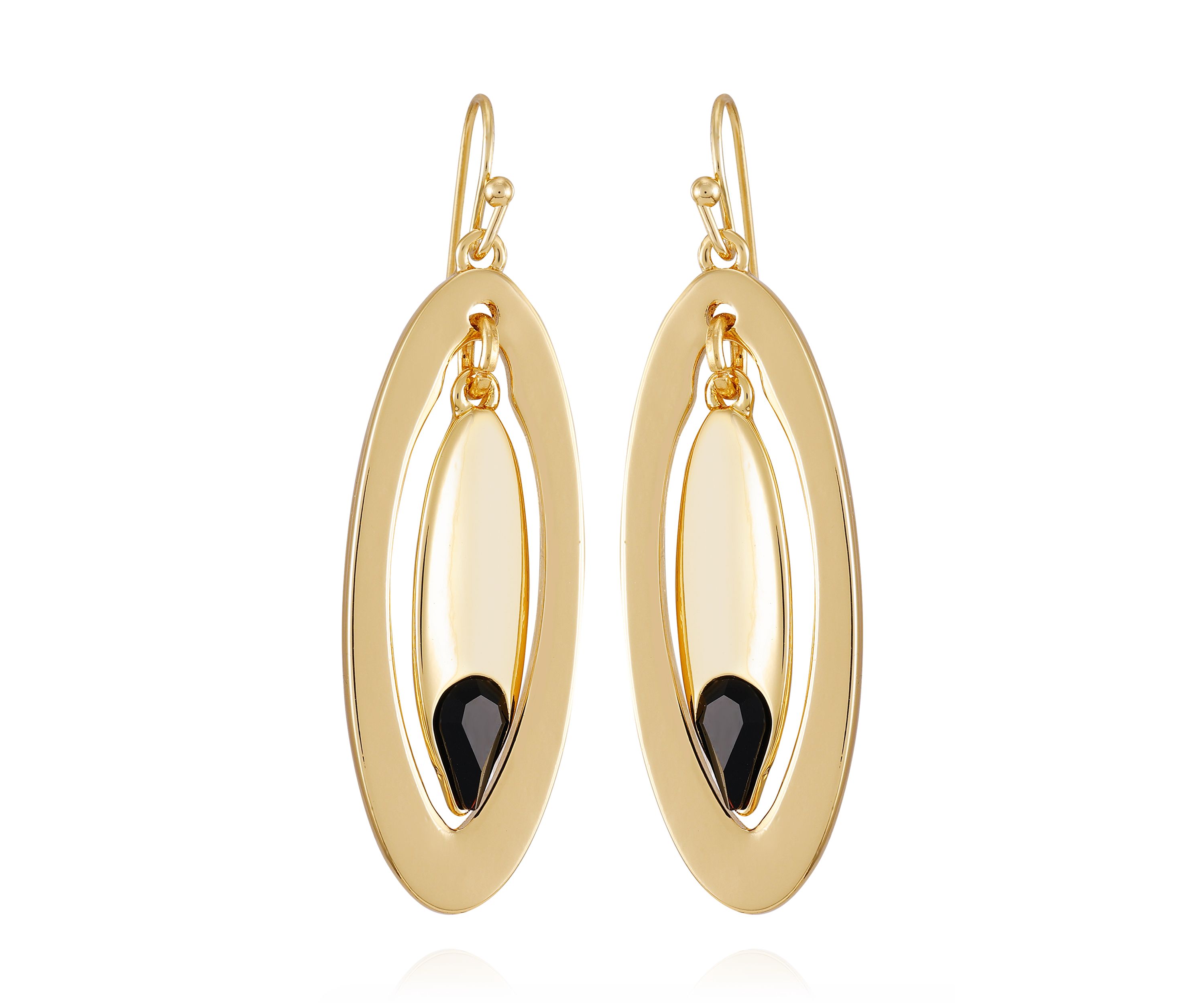 Gold Plated Black Oval Drop Earrings