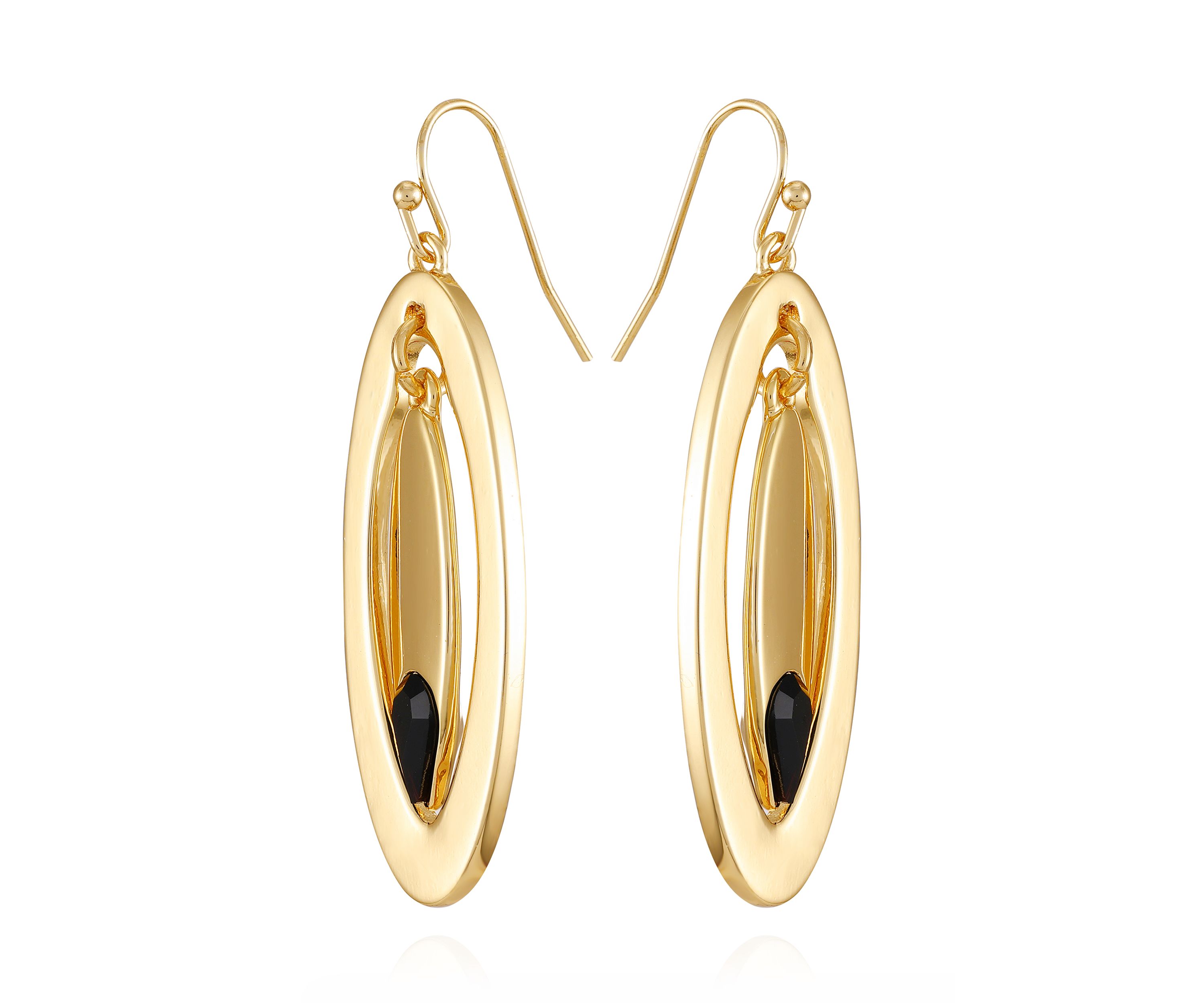 Gold Plated Black Oval Drop Earrings