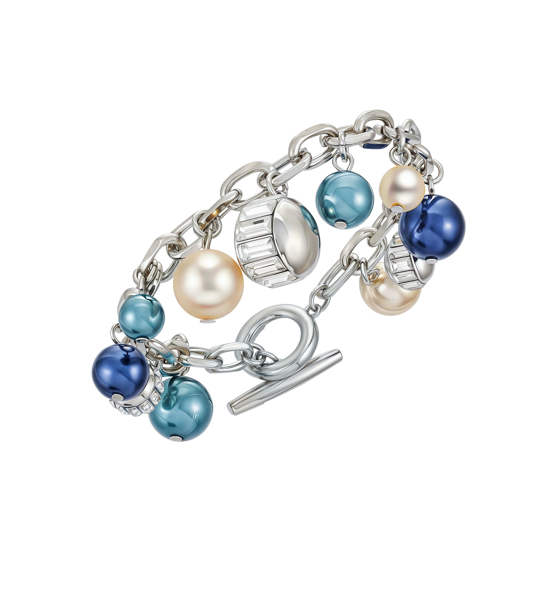 Silver Tone Charm with Multi Colored Pearls Bracelet