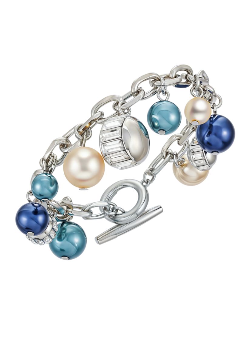 Silver Tone Charm with Multi Colored Pearls Bracelet