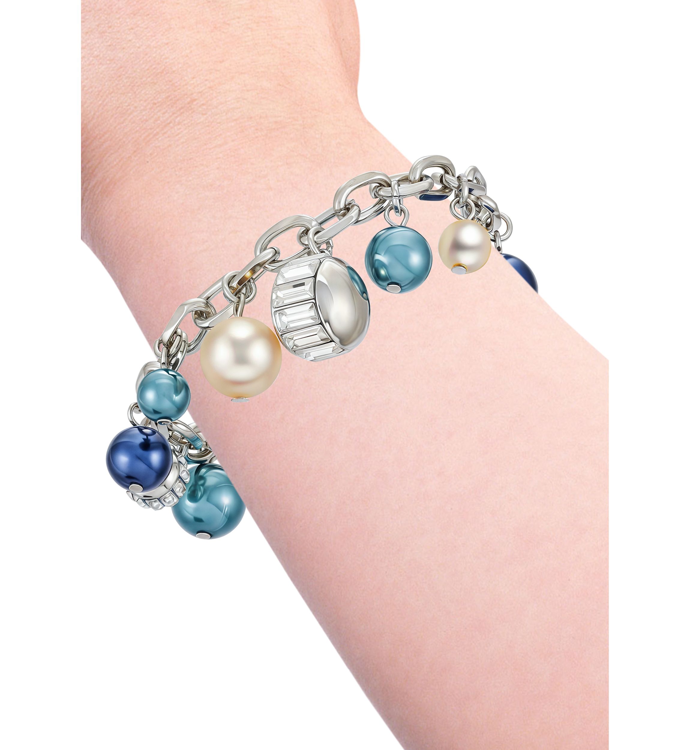 Silver Tone Charm with Multi Colored Pearls Bracelet