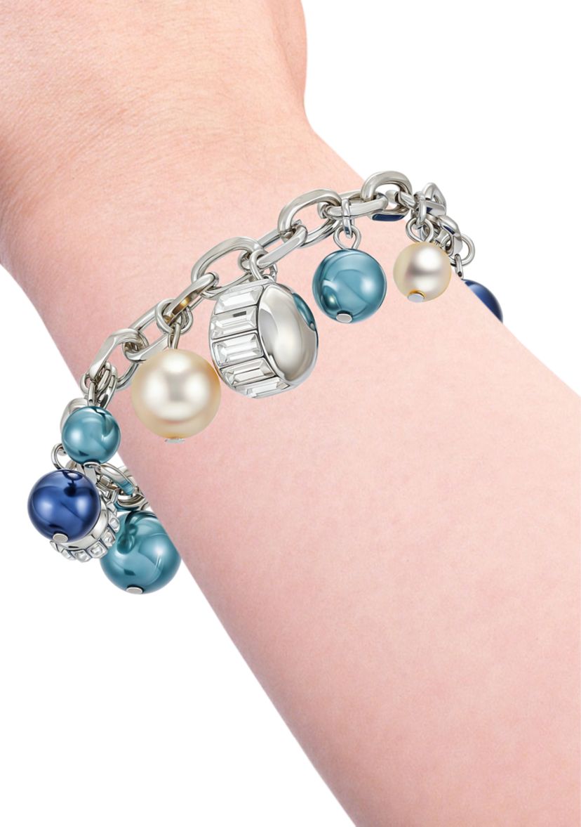 Silver Tone Charm with Multi Colored Pearls Bracelet