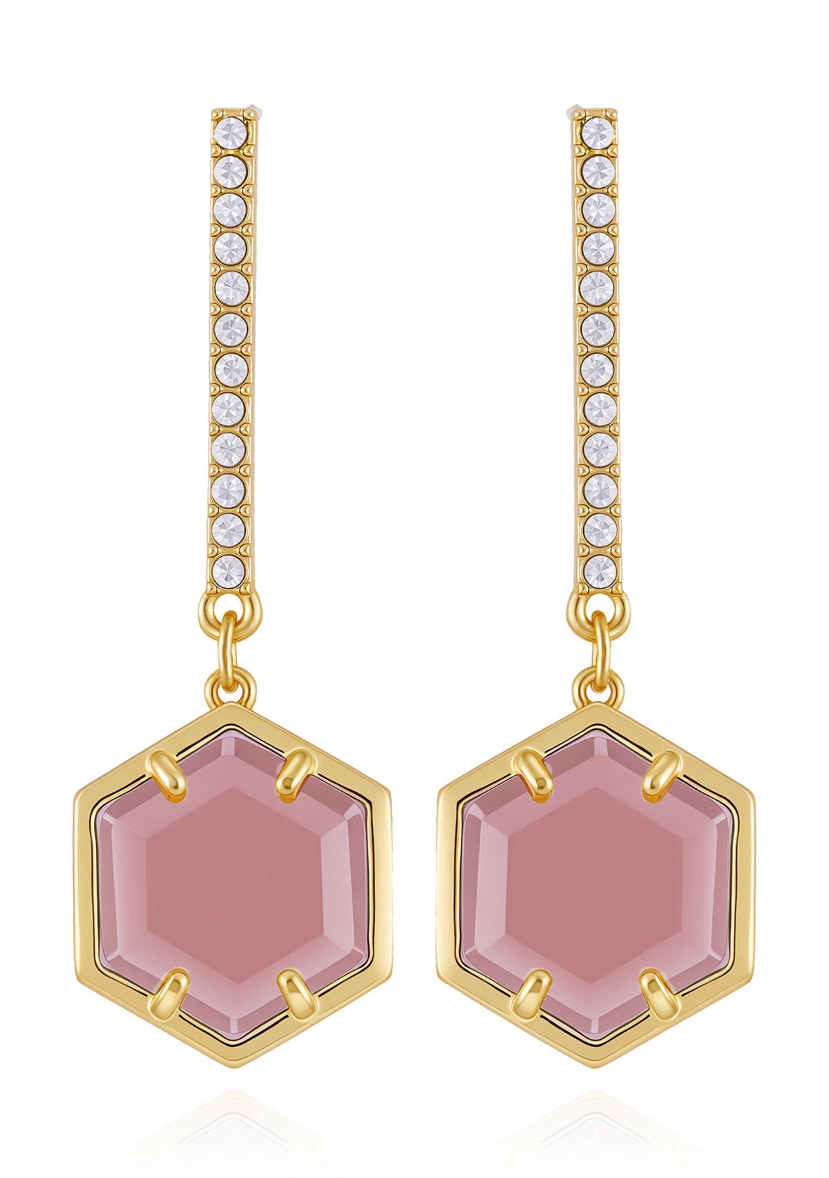 Gold Tone Hexagon Pave Bar Drop Earrings