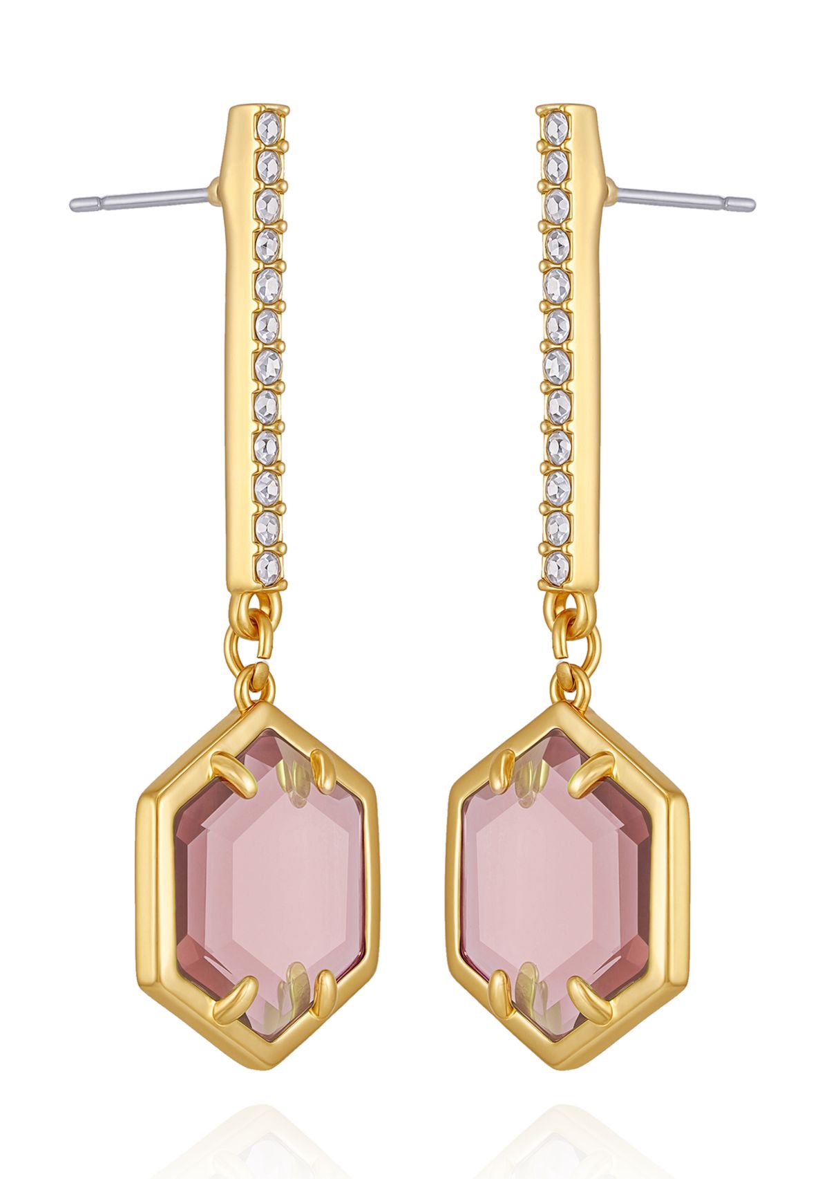 Gold Tone Hexagon Pave Bar Drop Earrings