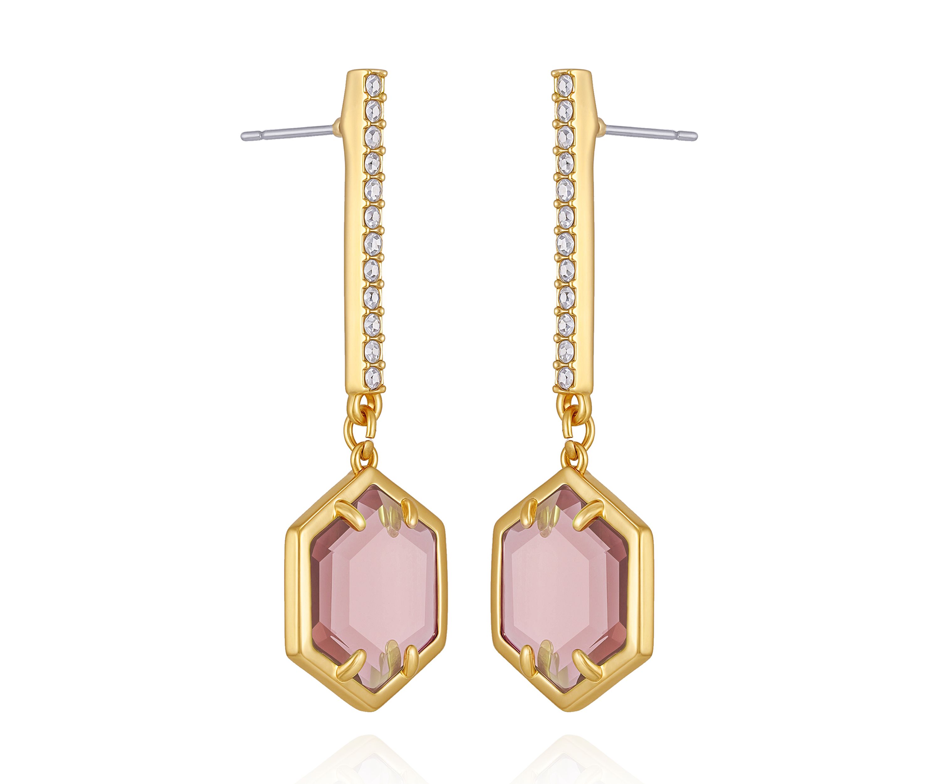 Gold Tone Hexagon Pave Bar Drop Earrings
