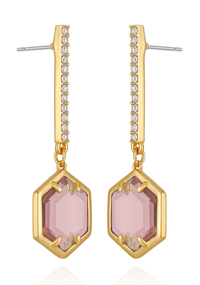 Gold Tone Hexagon Pave Bar Drop Earrings
