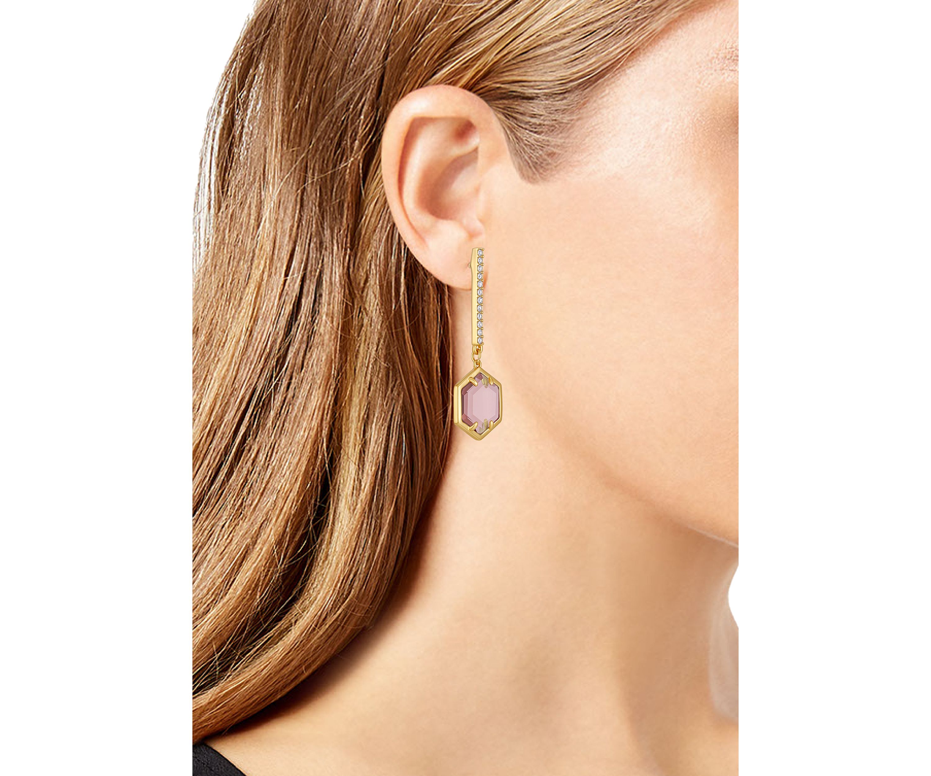 Gold Tone Hexagon Pave Bar Drop Earrings
