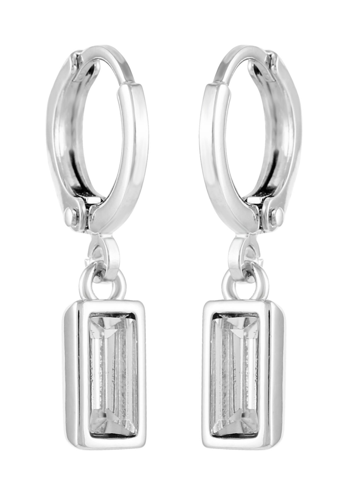 Silver-Tone Huggie Earrings with Crystal Drop