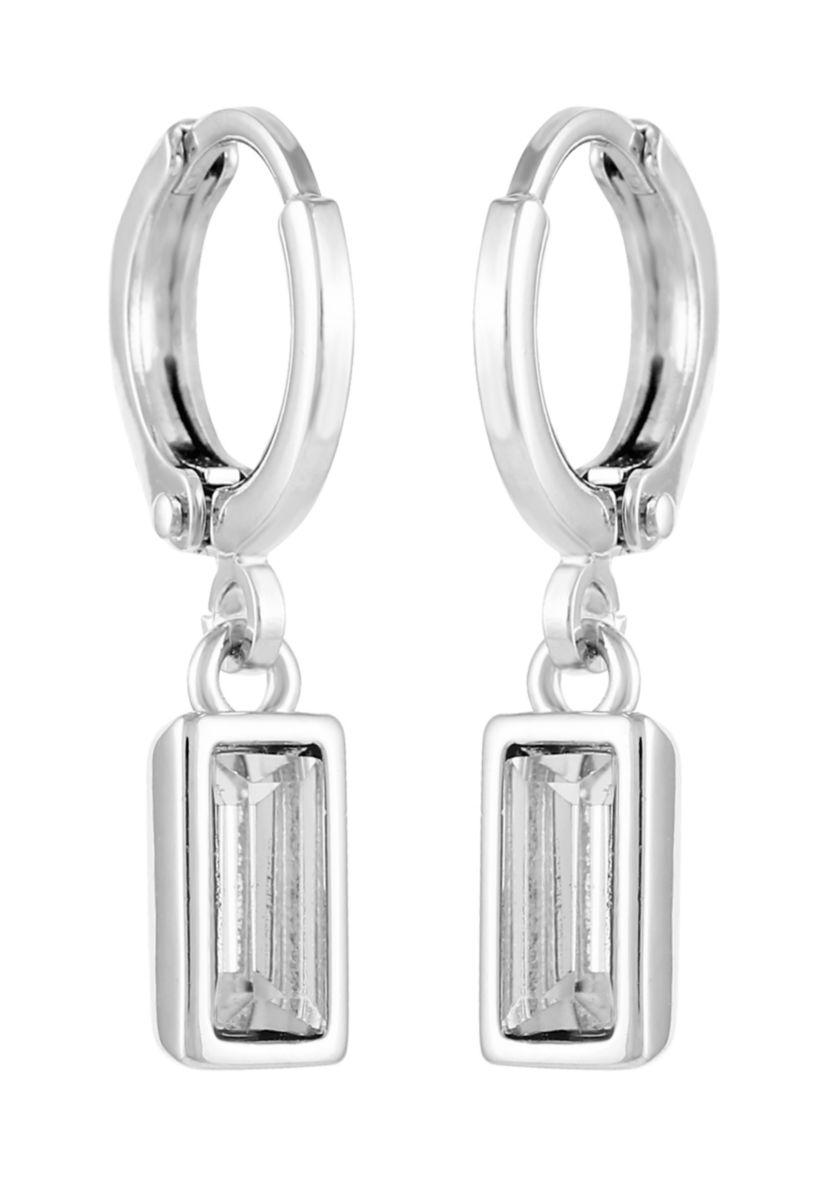 Silver-Tone Huggie Earrings with Crystal Drop