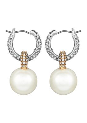 Vince Camuto Gold-Tone Pave Huggie Hoop Earrings with Glass Pearl, Gold