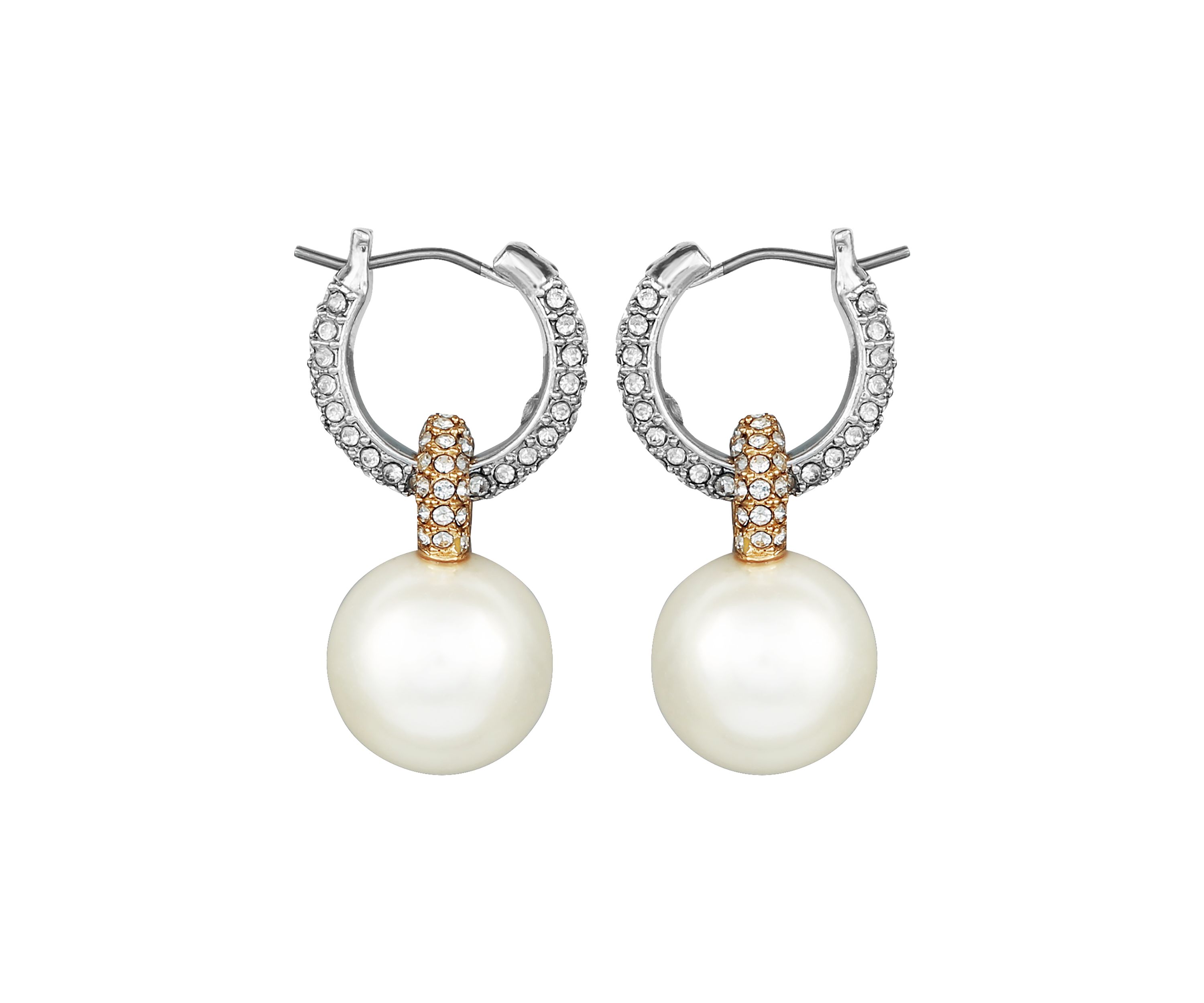Gold-Tone Pave Huggie Hoop Earrings with Glass Pearl