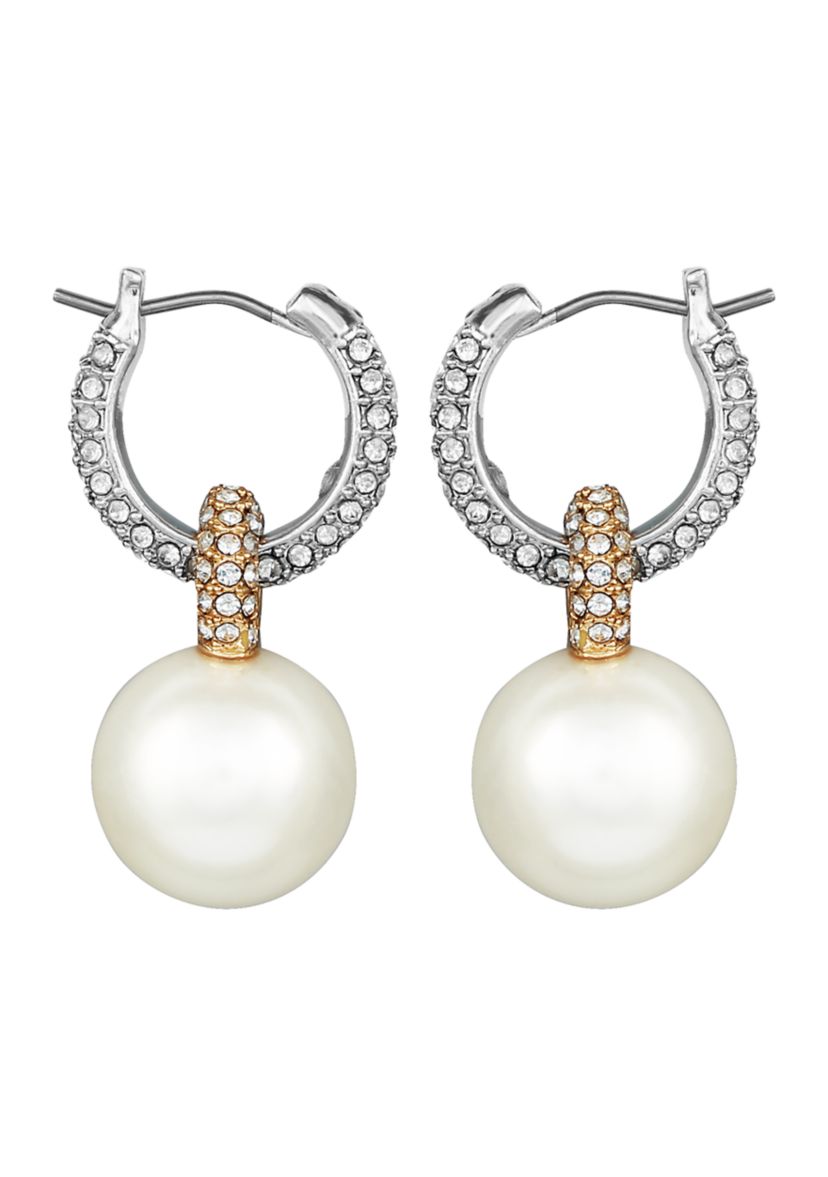 Gold-Tone Pave Huggie Hoop Earrings with Glass Pearl