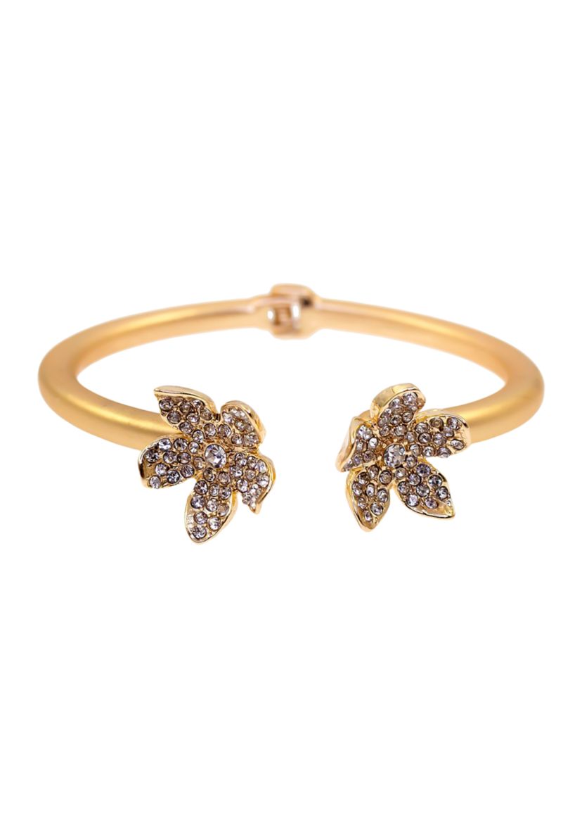  Gold Tone Hinged Open Bangle Bracelet with Crystal Flowers