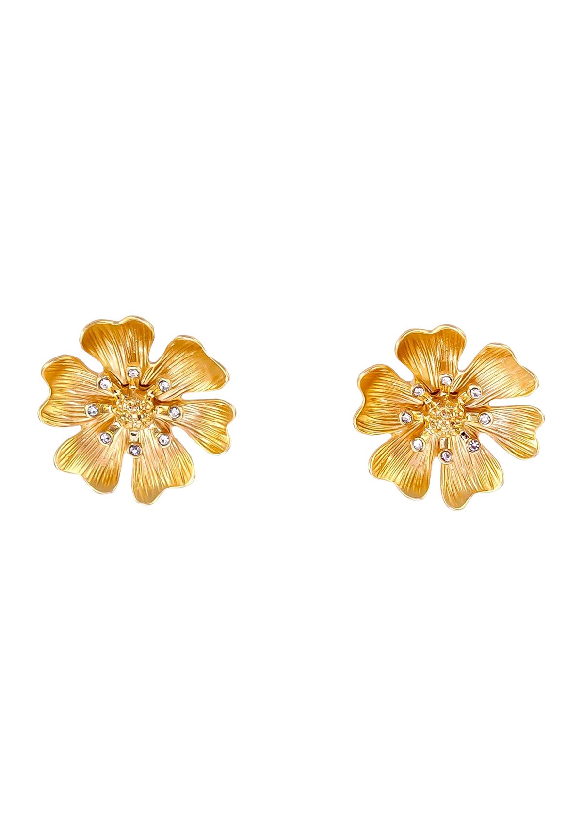 Gold Tone Flower Button Post Earrings with Crystal Accents 
