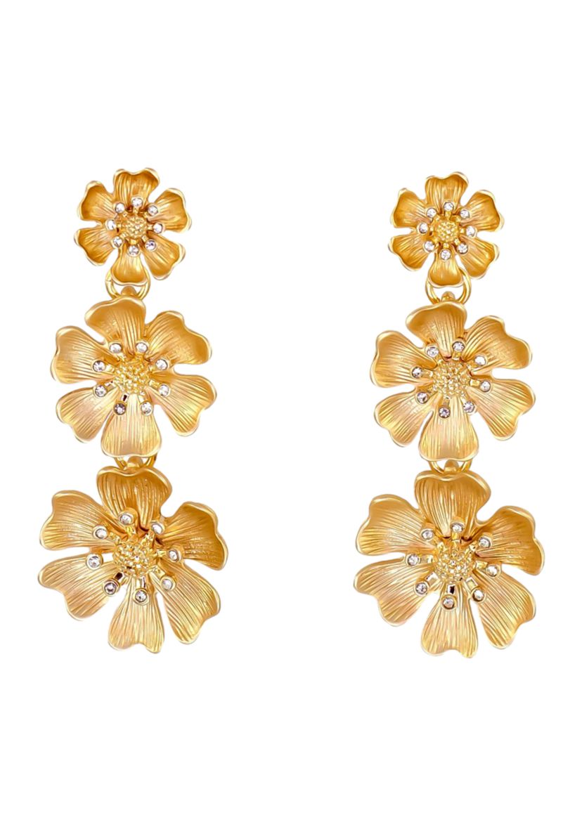 Gold Tone Post Top Graduated Triple Flower Drop Earrings with Crystal Stone Accents 