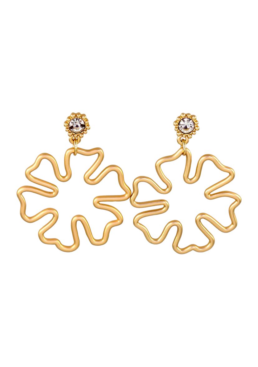 Gold Tone Crystal Post Top Earrings with Open Flower Drop