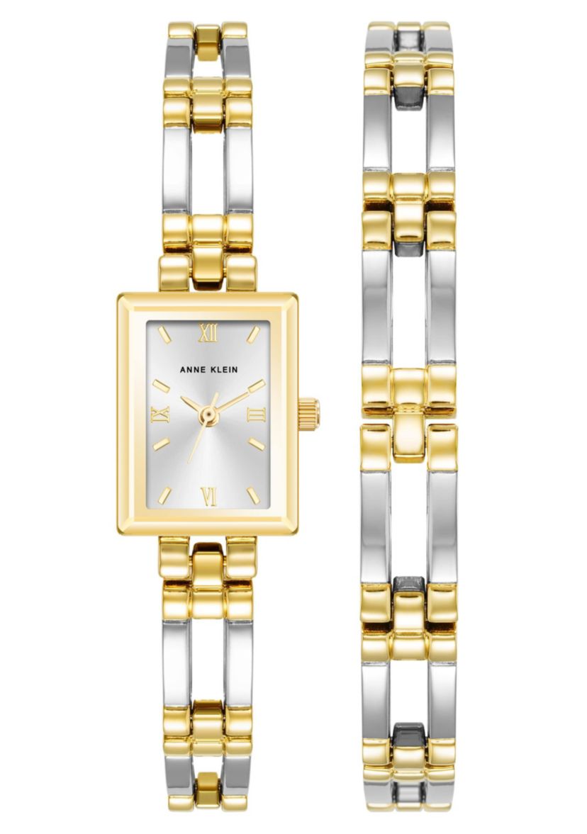Anne Klein Womens Iconic Rectangular Two-Tone Metal ALloy Bangle Watch Set, 17mm