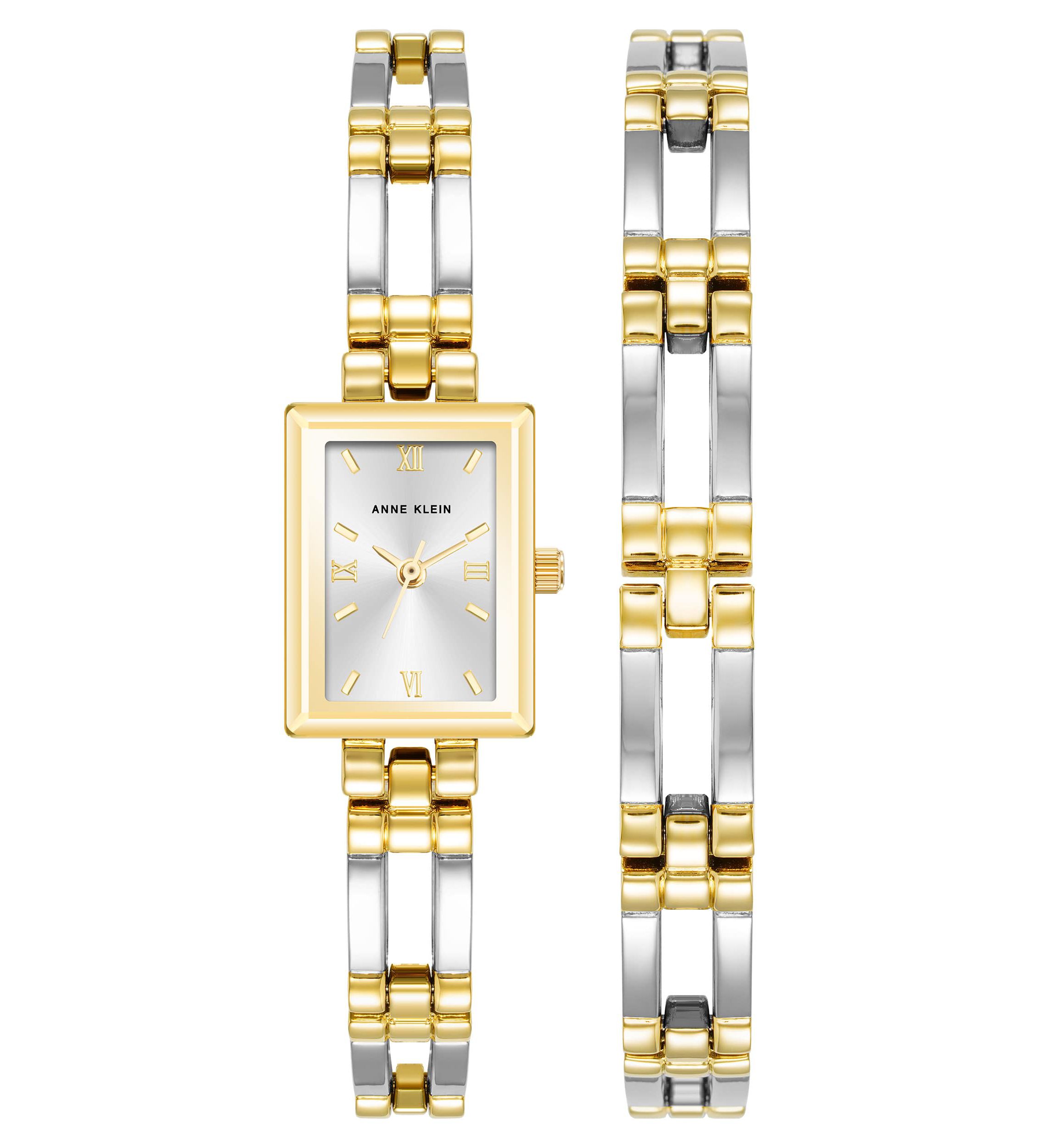 Anne Klein Womens Iconic Rectangular Two-Tone Metal ALloy Bangle Watch Set, 17mm