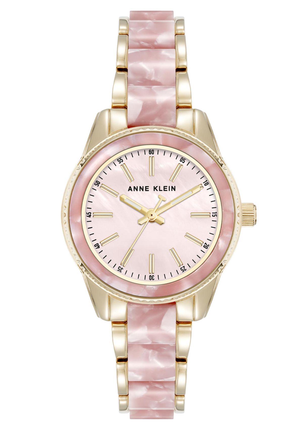 Anne Klein Womens Quartz Light Pink Pearlescent Acetate and Gold-Tone Metal Alloy Link Bracelet Watch, 30mm