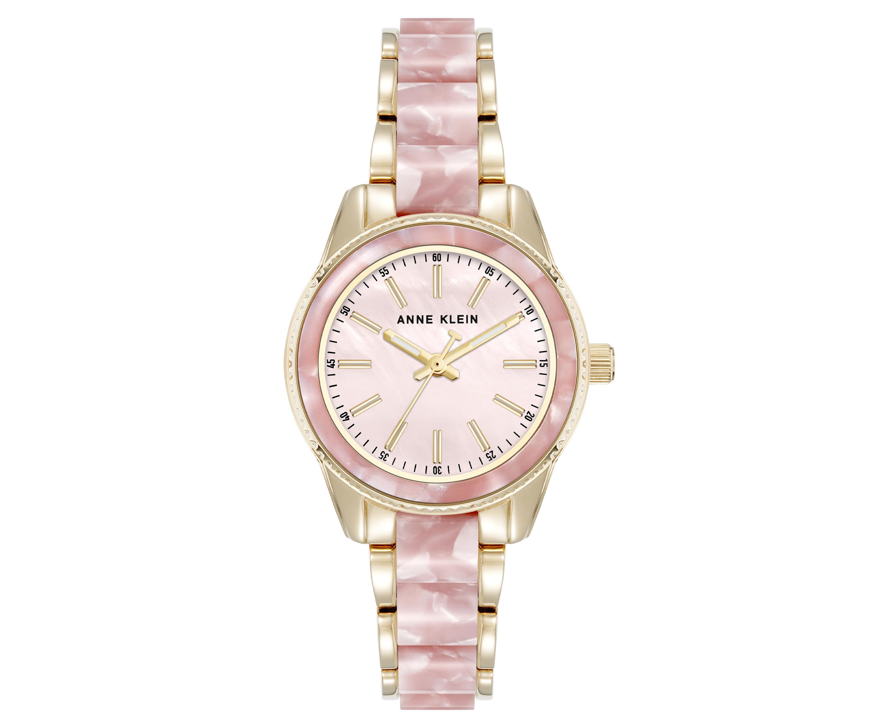 Anne Klein Womens Quartz Light Pink Pearlescent Acetate and Gold-Tone Metal Alloy Link Bracelet Watch, 30mm