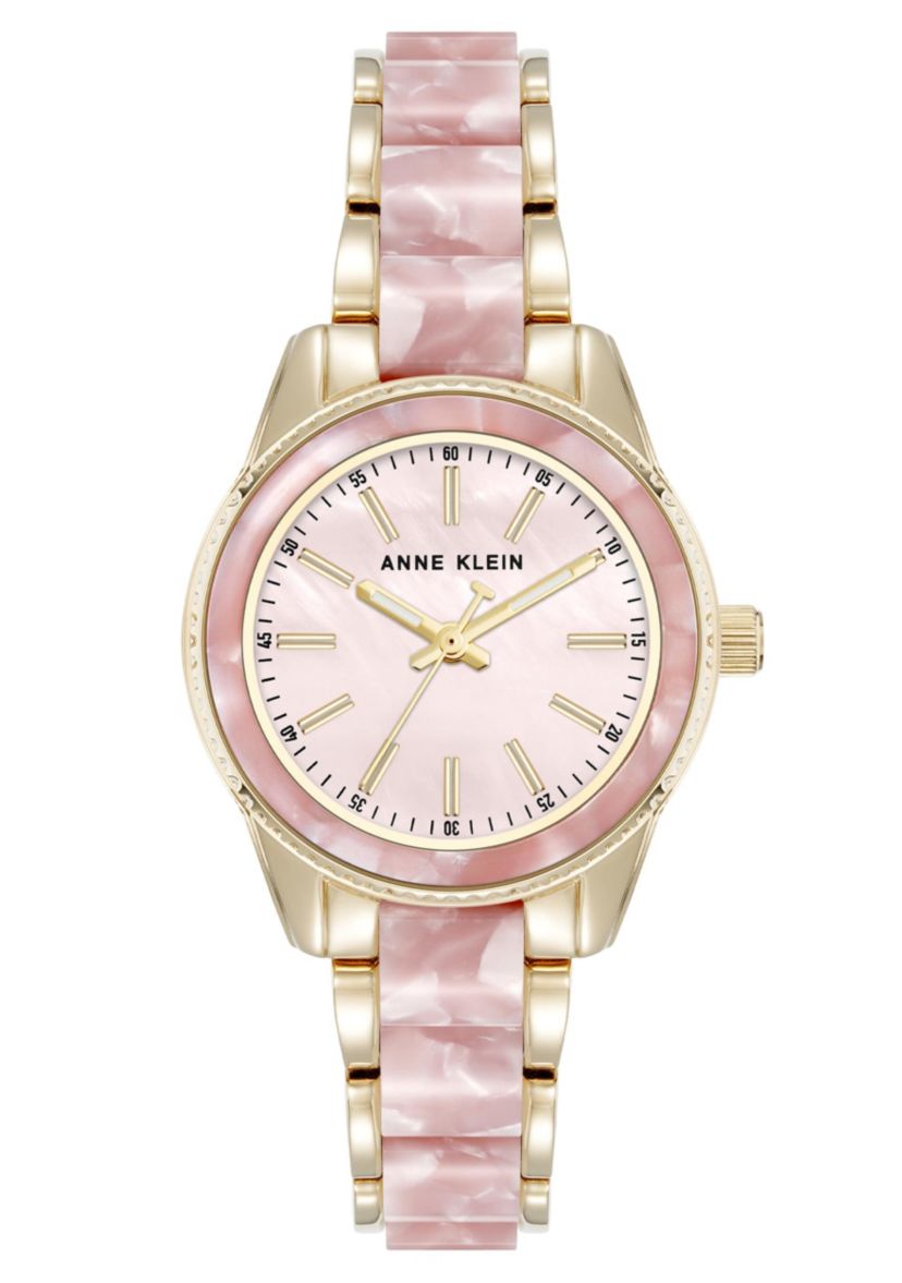 Anne Klein Womens Quartz Light Pink Pearlescent Acetate and Gold-Tone Metal Alloy Link Bracelet Watch, 30mm