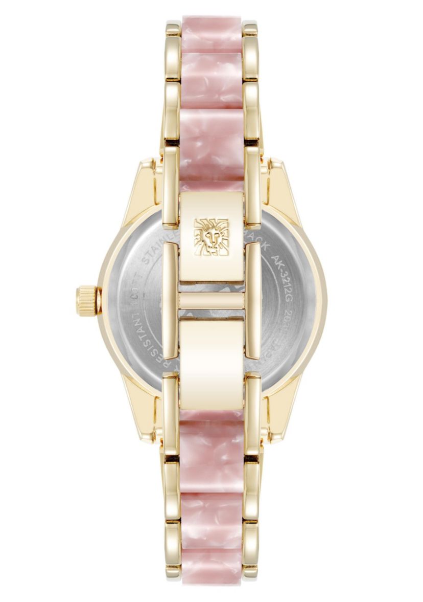Anne Klein Womens Quartz Light Pink Pearlescent Acetate and Gold-Tone Metal Alloy Link Bracelet Watch, 30mm