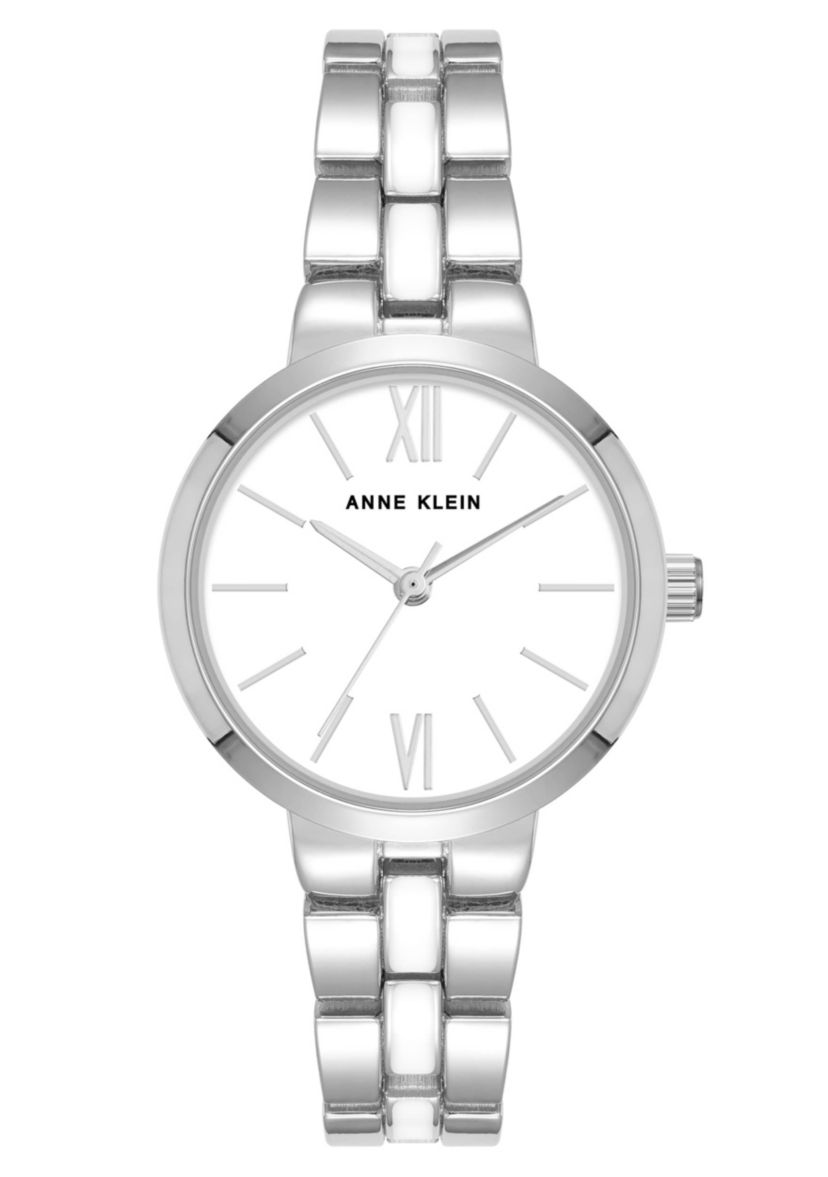Anne Klein Womens Quartz Modern White Enamel and Silver-Tone Metal Alloy Watch, 30mm