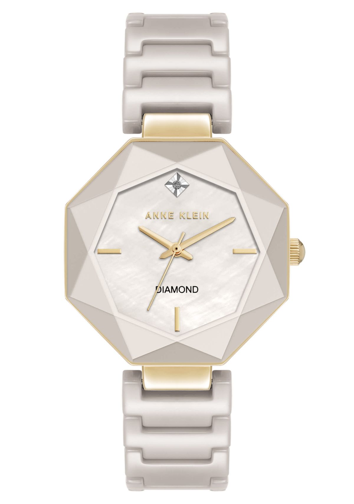 Anne Klein Womens Octagonal Tan Ceramic Diamond Dial Bracelet Watch, 32mm