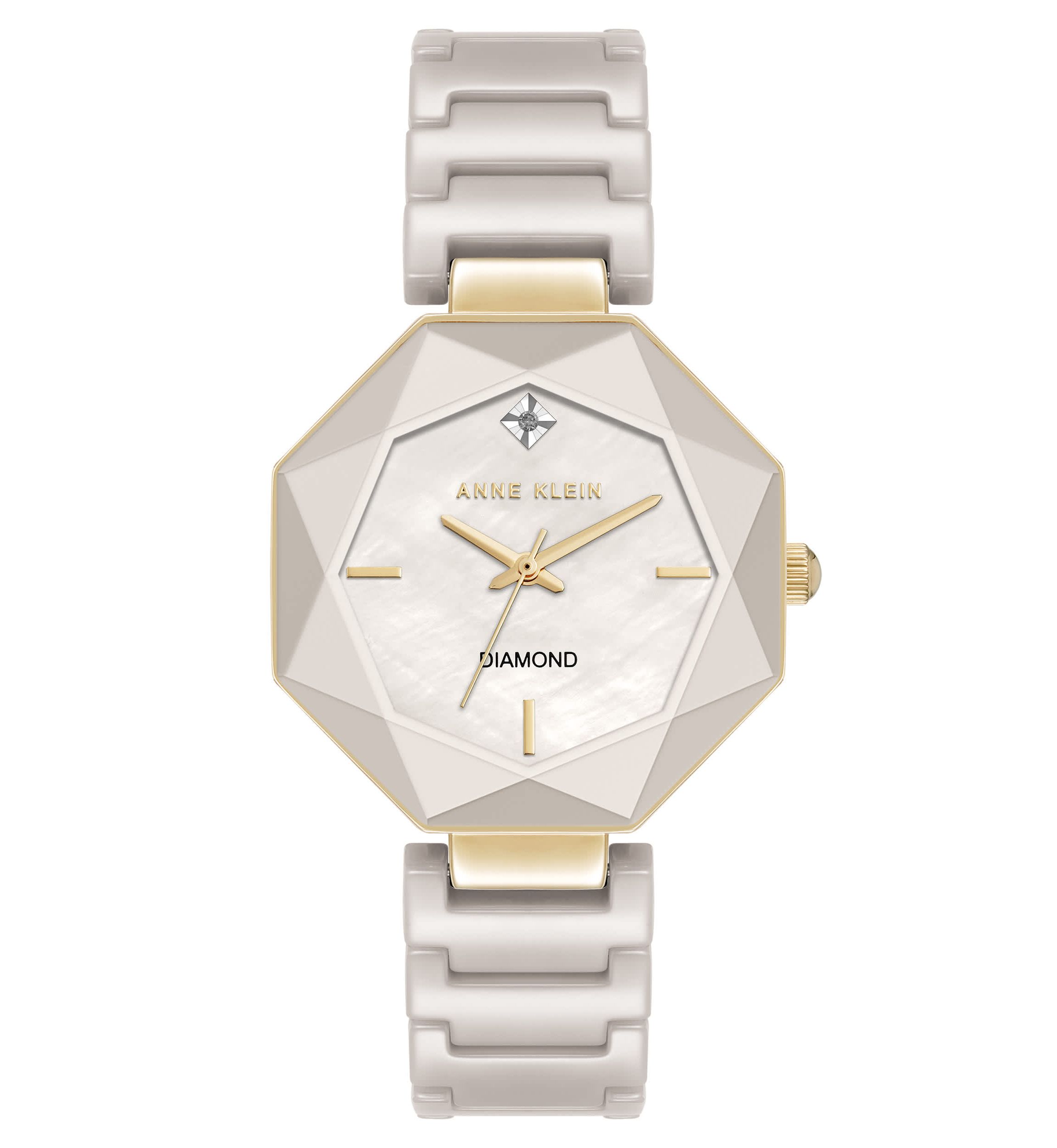 Anne Klein Womens Octagonal Tan Ceramic Diamond Dial Bracelet Watch, 32mm