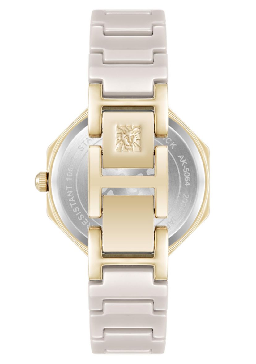 Anne Klein Womens Octagonal Tan Ceramic Diamond Dial Bracelet Watch, 32mm
