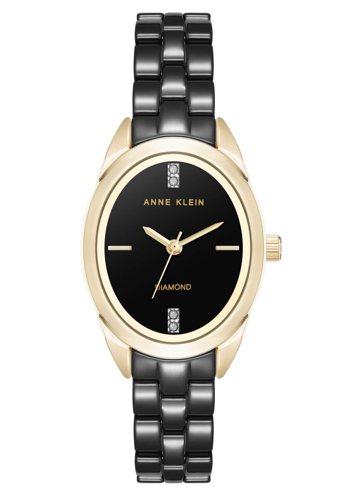 Anne Klein Womens Quartz Black Ceramic Oval Diamond Dial Watch, 27mm