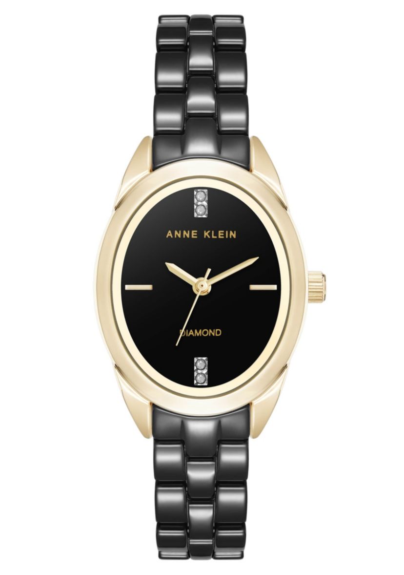 Anne Klein Womens Quartz Black Ceramic Oval Diamond Dial Watch, 27mm