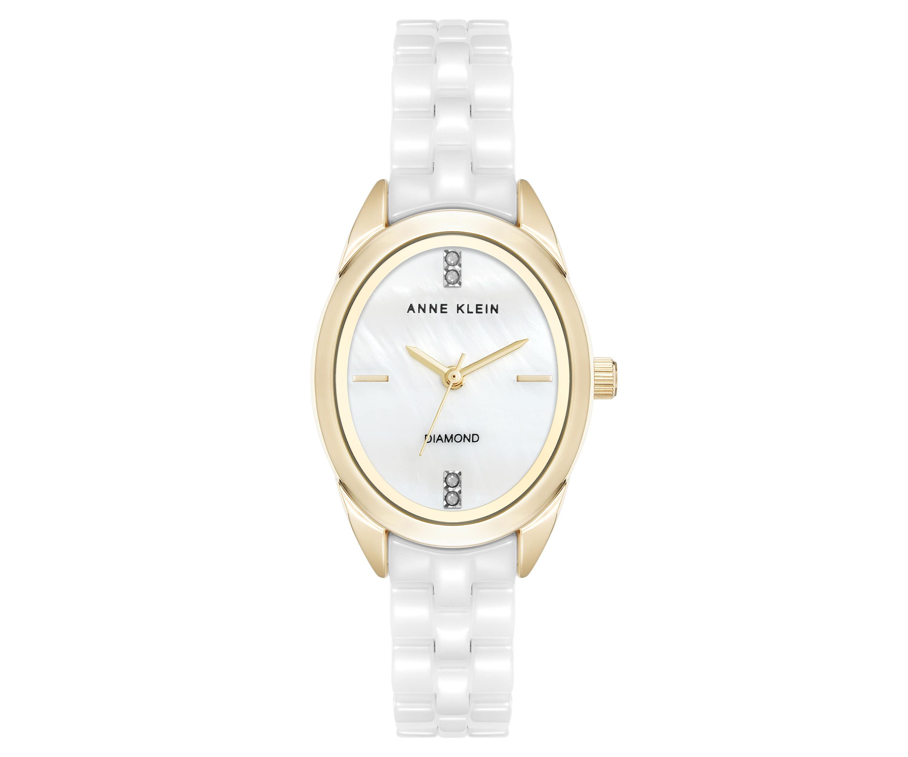 Anne Klein Womens Quartz White Ceramic Oval Diamond Dial Watch, 27mm