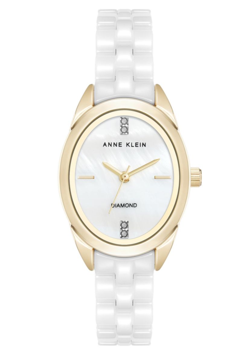 Anne Klein Womens Quartz White Ceramic Oval Diamond Dial Watch, 27mm