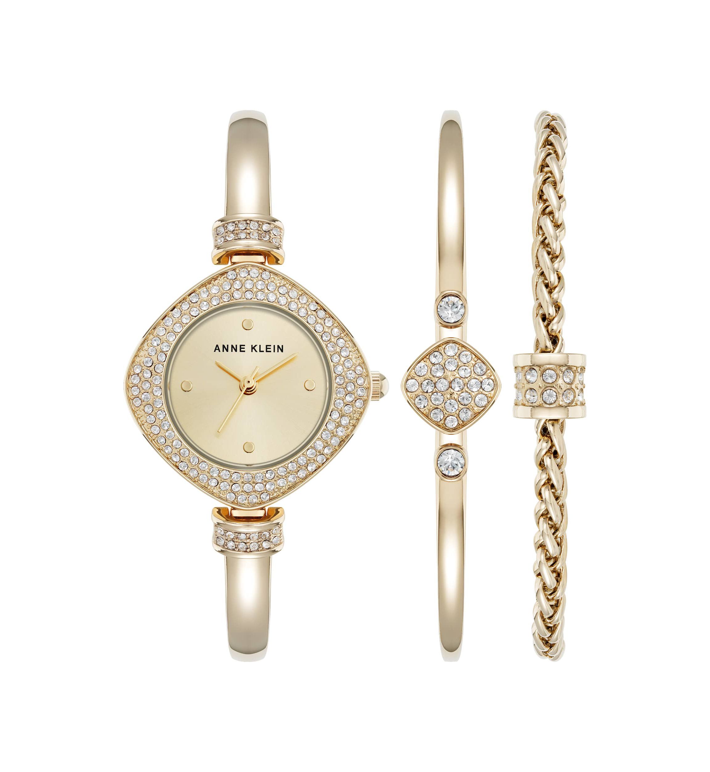 Anne Klein Womens Premium Gold-Tone Metal Alloy Crystal Accented Bangle Watch Set, 29mm