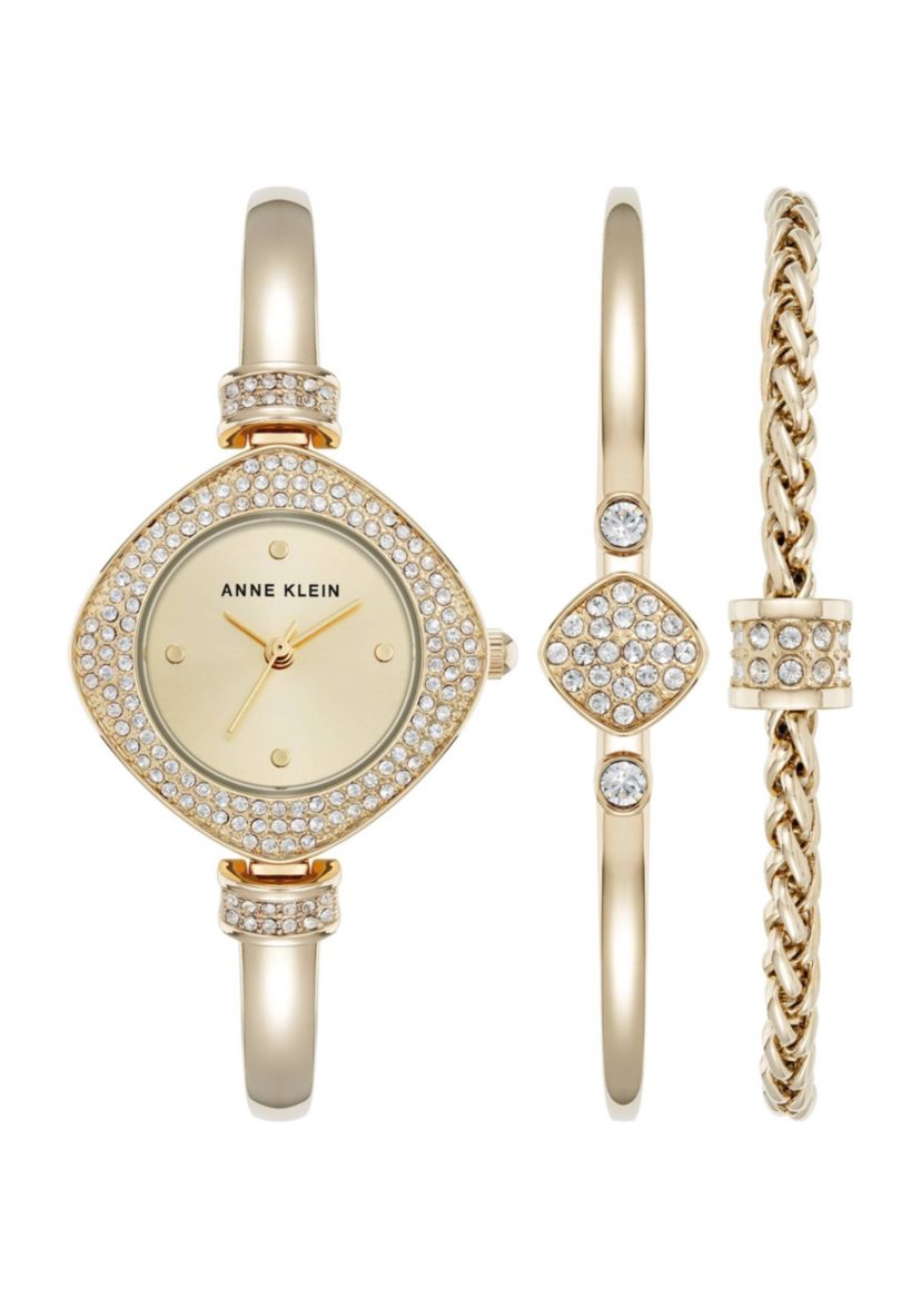 Anne Klein Womens Premium Gold-Tone Metal Alloy Crystal Accented Bangle Watch Set, 29mm