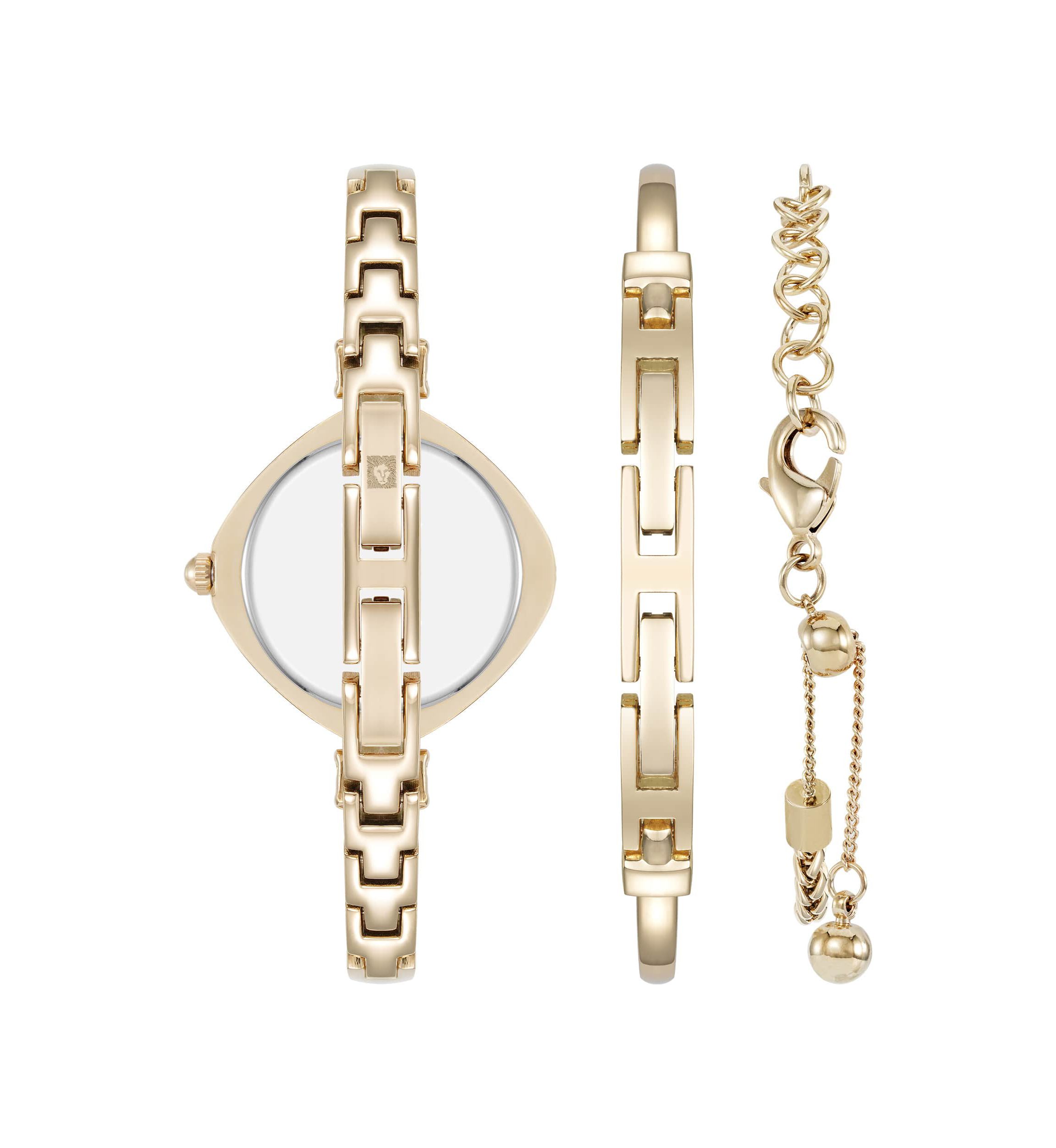 Anne Klein Womens Premium Gold-Tone Metal Alloy Crystal Accented Bangle Watch Set, 29mm