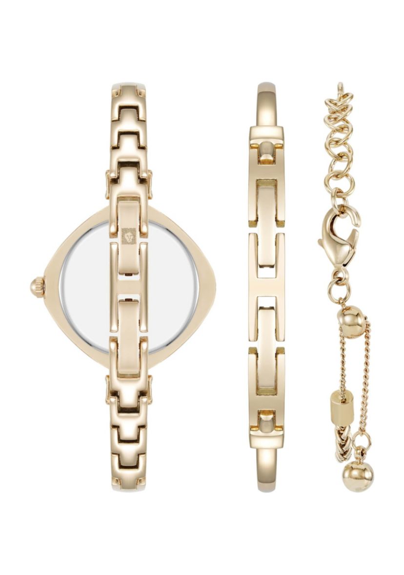 Anne Klein Womens Premium Gold-Tone Metal Alloy Crystal Accented Bangle Watch Set, 29mm