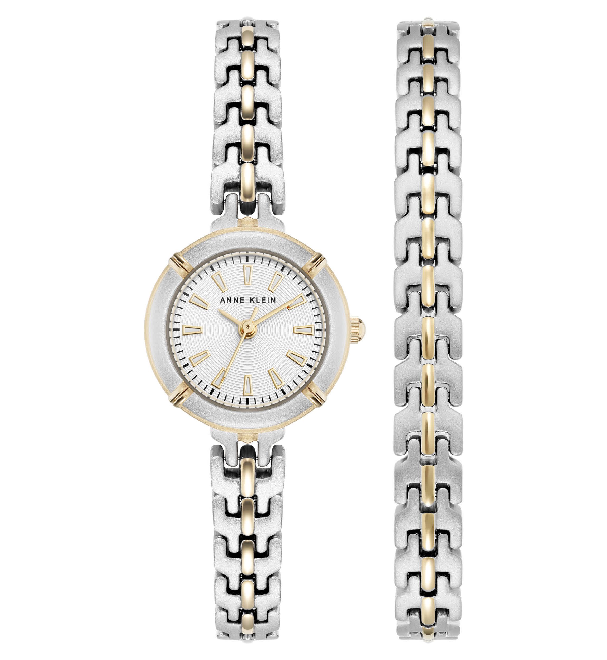 Anne Klein Womens Modern Easy To Read Dial Two-Tone Metal Alloy Bracelet Watch Set, 22mm