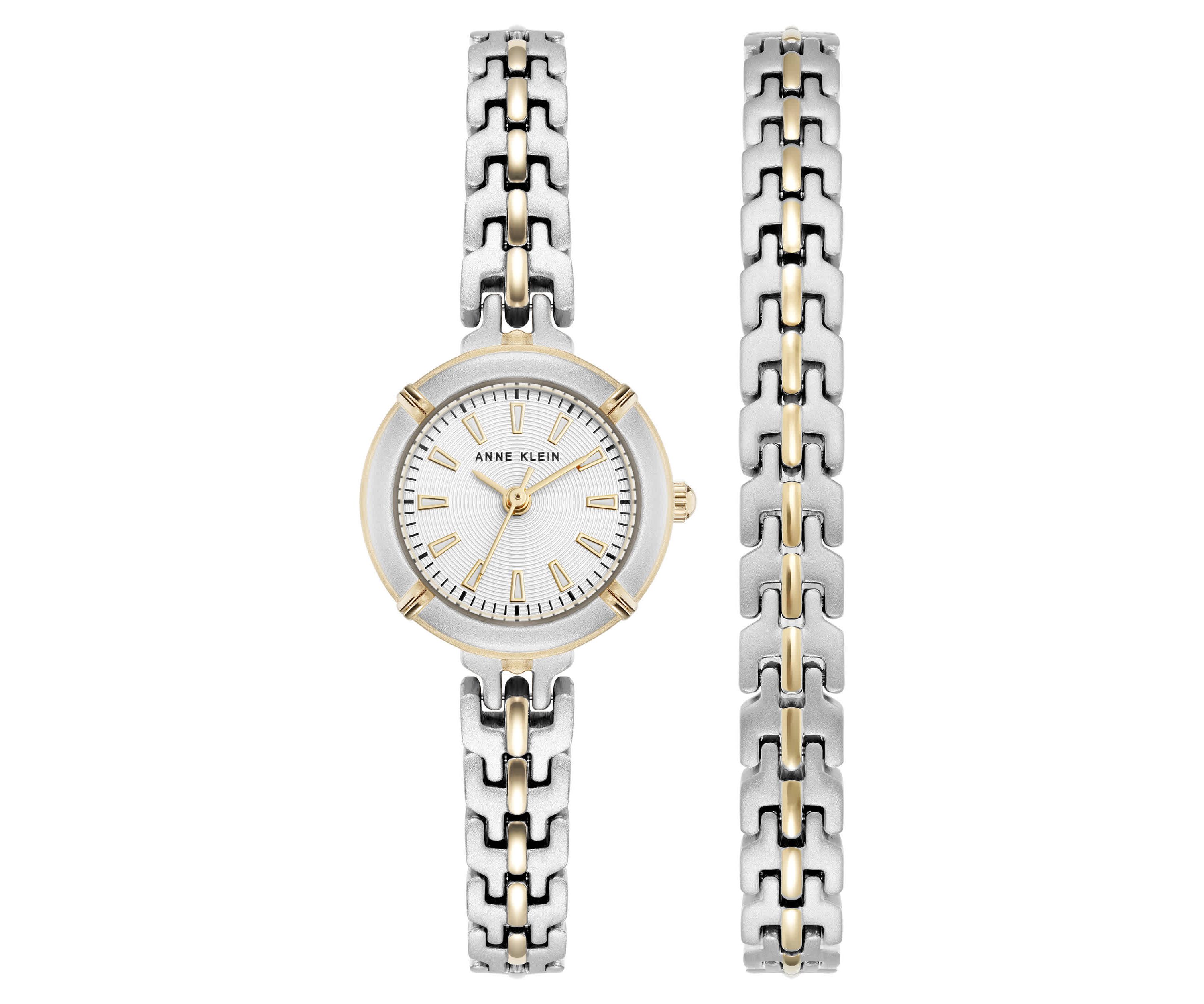 Anne Klein Womens Modern Easy To Read Dial Two-Tone Metal Alloy Bracelet Watch Set, 22mm