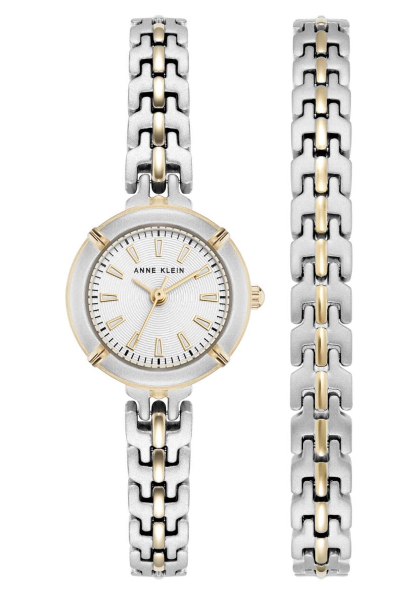 Anne Klein Womens Modern Easy To Read Dial Two-Tone Metal Alloy Bracelet Watch Set, 22mm