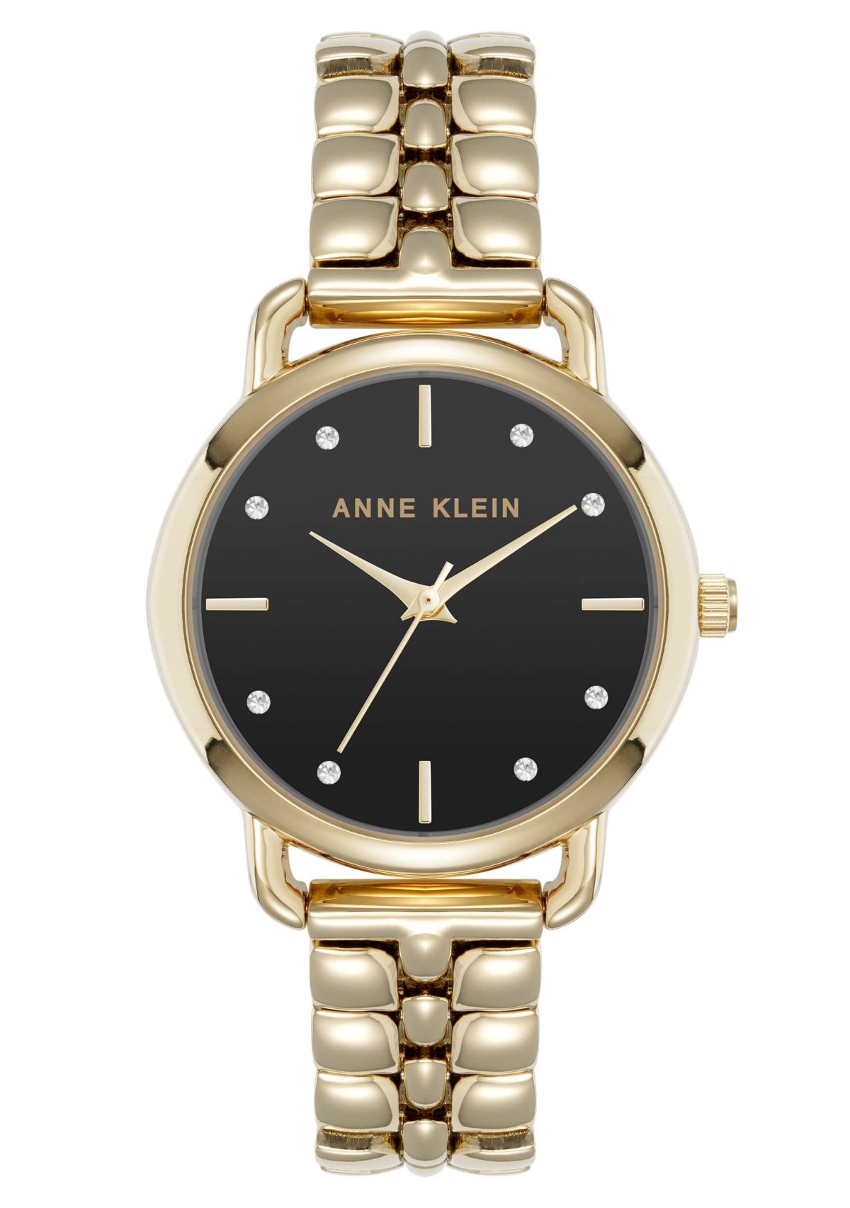 Anne Klein Womens Quartz Signature Black and Gold-Tone Metal Alloy Round Crystal Dial Watch, 30mm